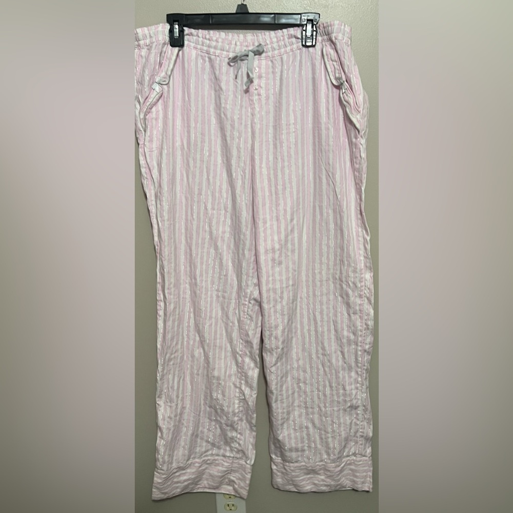 Victoria Secret Pink White Metallic Stripe Flannel Sleep Pajama Lounge Wear Pant